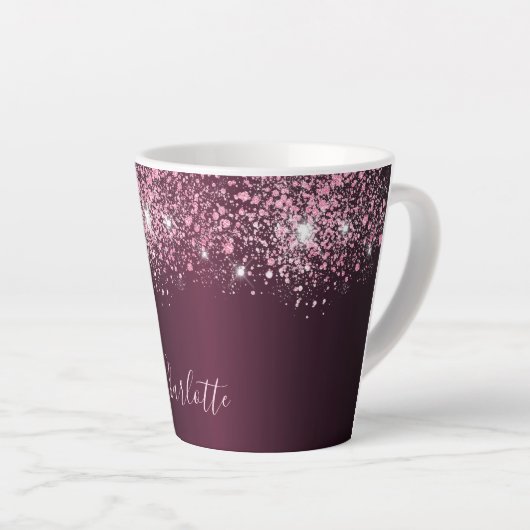 Burgundy Pink Glitzer Namenskript Milchtasse (Rechte Ecke)