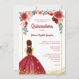 Burgundy Pink Gold Floral Prinzessin Quinceanera Einladung