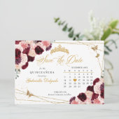 Burgundy Pink & Gold Quinceñera Save the Date Einladung (Stehend Vorderseite)