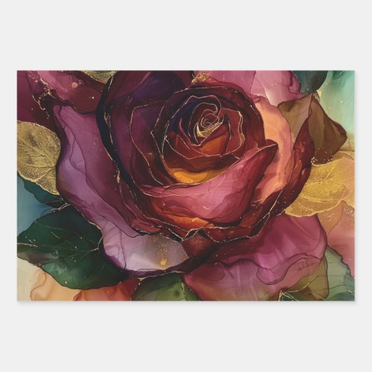 Burgundy Pink Gold Rose Blumenfloral Brautparty Geschenkpapier Set (Vorderseite 2)