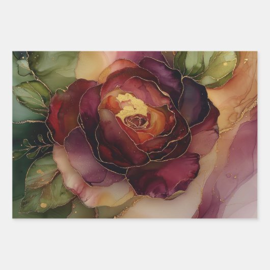 Burgundy Pink Gold Rose Blumenfloral Brautparty Geschenkpapier Set (Vorderseite)