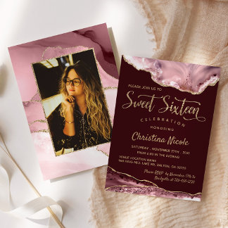 Burgundy Pink Lila Gold Agate Sweet 16 Foto Einladung