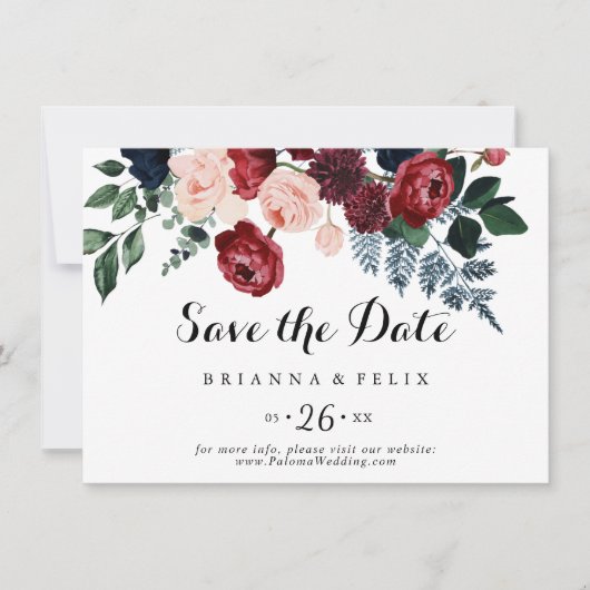 Burgundy Pink Navy Bloral Horizontal Hochzeit Save The Date (Vorderseite)