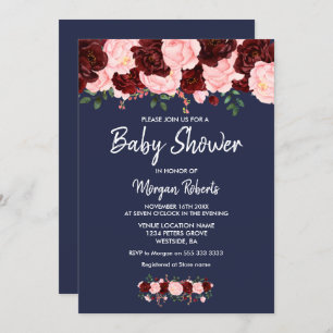 Burgundy Pink Navy Blue Floral Baby Dusche einlade Einladung