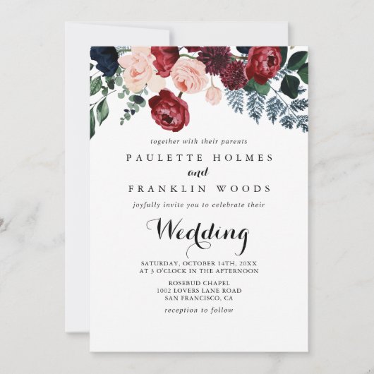 Burgundy Pink Navy Blumenfront & Back Wedding Einladung (Vorderseite)