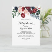 Burgundy Pink Navy Blumenkalligrafie Kinderdusche Einladung (Stehend Vorderseite)