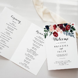 Burgundy Pink Navy Floral Folding Hochzeit Programm