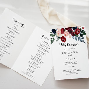 Burgundy Pink Navy Floral Folding Hochzeit Programm