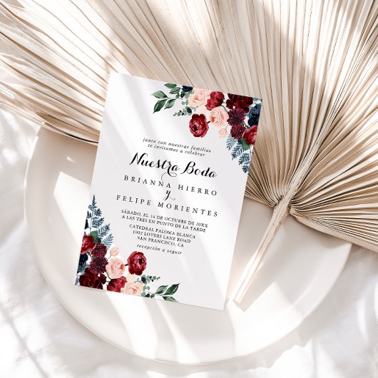 Burgundy Pink Navy Floral Nuestra Boda Wedding Einladung