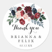 Burgundy Pink Navy Floral Vielen Dank Gastgeschenk Runder Aufkleber (Vorderseite)
