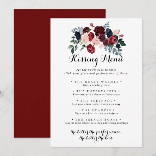 Burgundy Pink Navy Wedding Kissing Menu Game Card (Vorne/Hinten)