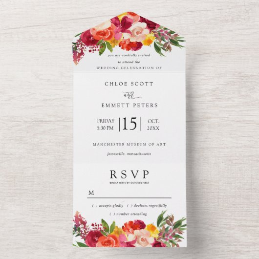 Burgundy Pink Orange Yellow Floral All In One Einladung (Innen Boden)