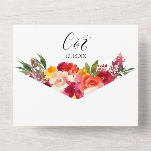 Burgundy Pink Orange Yellow Floral All In One Einladung (Rückseite)