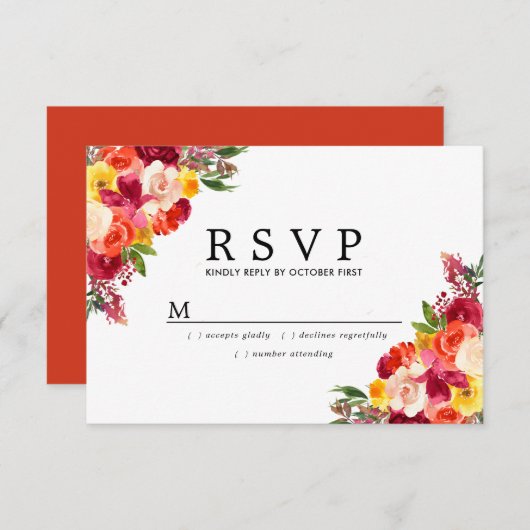 Burgundy Pink Orange Yellow Floral Wedding RSVP Karte (Vorne/Hinten)