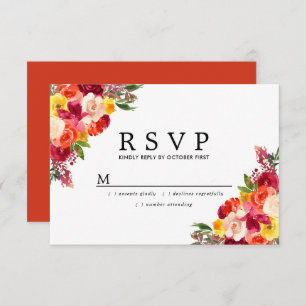 Burgundy Pink Orange Yellow Floral Wedding RSVP Karte