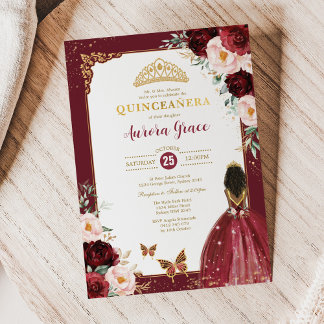 Burgundy Pink Quinceñera Prinzessin Mis Quince Ano Einladung