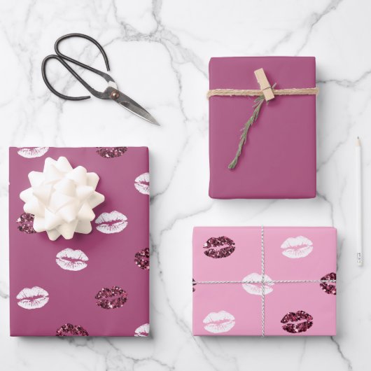 Burgundy Pink Red Glitter White Kisses Lips   Geschenkpapier Set (Vorderseite)