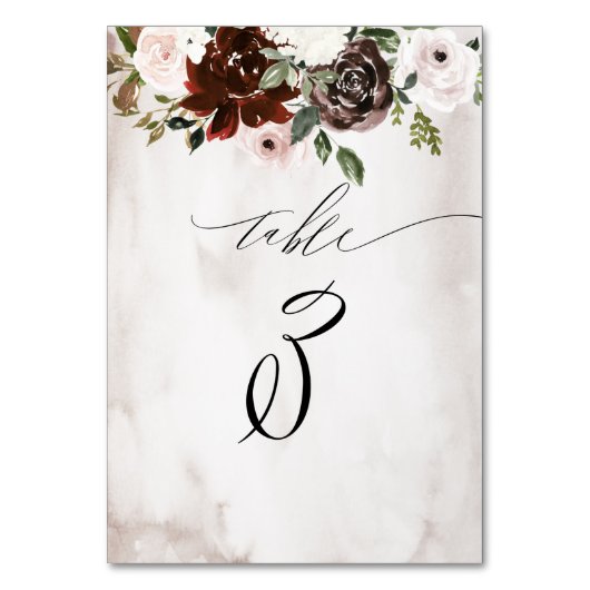 Burgundy Pink Rose Aquarell Floral Nr. 3 Hochzeit Tischnummer (Vorderseite)