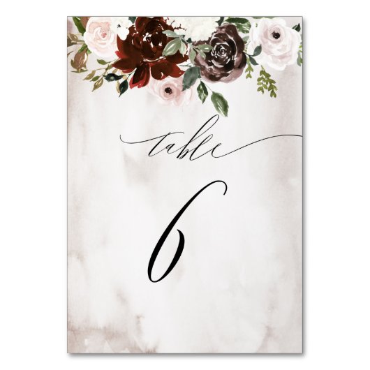 Burgundy Pink Rose Aquarell Floral Nr. 6 Hochzeit Tischnummer (Vorderseite)
