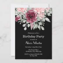 Burgundy Pink Rose Flora Black Birthday Party