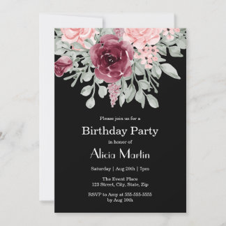 Burgundy Pink Rose Flora Black Birthday Party Einladung