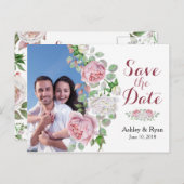 Burgundy Pink Rose Foto Wedding Save the Date Ankündigungspostkarte (Vorne/Hinten)