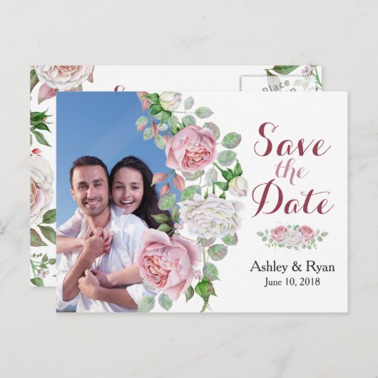 Burgundy Pink Rose Foto Wedding Save the Date Ankündigungspostkarte (Vorne/Hinten)
