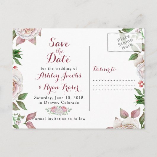Burgundy Pink Rose Foto Wedding Save the Date Ankündigungspostkarte (Rückseite)