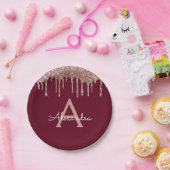 Burgundy Pink Rose Gold Glitzer Monogram Birthday Pappteller (Party)