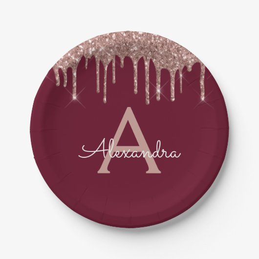 Burgundy Pink Rose Gold Glitzer Monogram Birthday Pappteller (Vorderseite)
