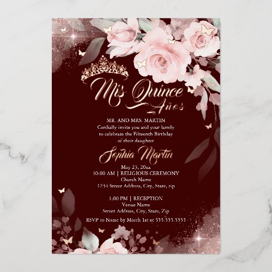 Burgundy Pink Rose Mis Quince Quinceanera Folieneinladung (Vorderseite)