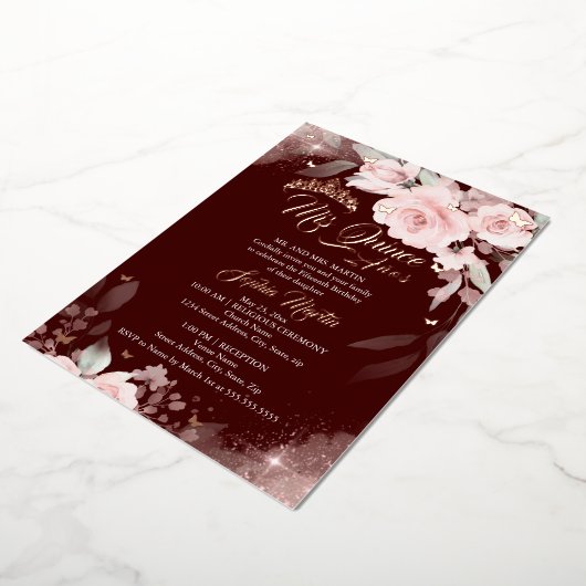 Burgundy Pink Rose Mis Quince Quinceanera Folieneinladung (Gedreht)