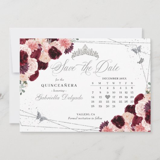 Burgundy Pink & Silver Quinceañera Save the Date Einladung (Vorderseite)
