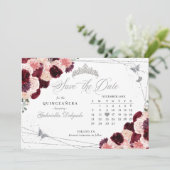 Burgundy Pink & Silver Quinceañera Save the Date Einladung (Stehend Vorderseite)