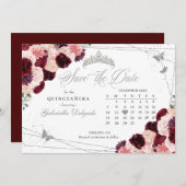Burgundy Pink & Silver Quinceañera Save the Date Einladung (Vorne/Hinten)