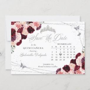 Burgundy Pink & Silver Quinceañera Save the Date Einladung