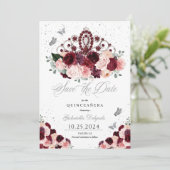 Burgundy Pink Tiara Save the Date Quinceañera Einladung (Stehend Vorderseite)