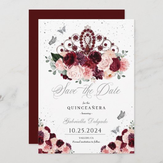 Burgundy Pink Tiara Save the Date Quinceañera Einladung (Vorne/Hinten)