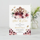 Burgundy Pink Tiara Save the Date Quinceañera Einladung (Stehend Vorderseite)