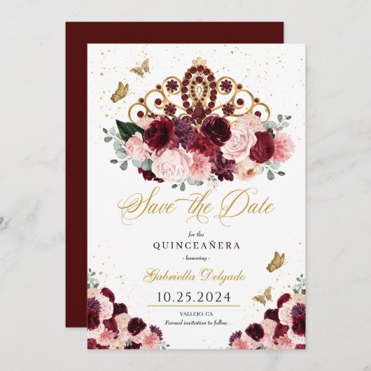 Burgundy Pink Tiara Save the Date Quinceañera Einladung (Vorne/Hinten)