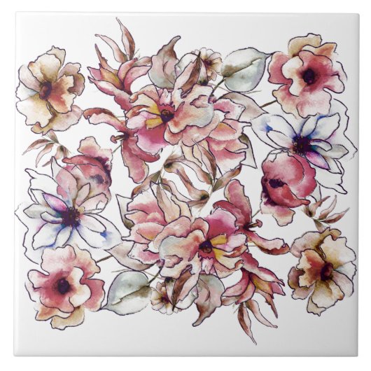 Burgundy Pink und Blue Floral Garland Wasserfarbe Fliese (Vorderseite)