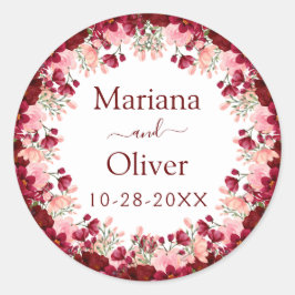 Burgundy Pink Watercolor Floral Wedding Runder Aufkleber