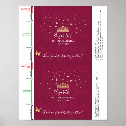 Burgundy Plum Gold DIY Candy Bar Wrapper Template Poster (Vorne)