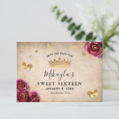 Burgundy Plum Gold Rose Parchment Elegante Save The Date (Stehend Vorderseite)