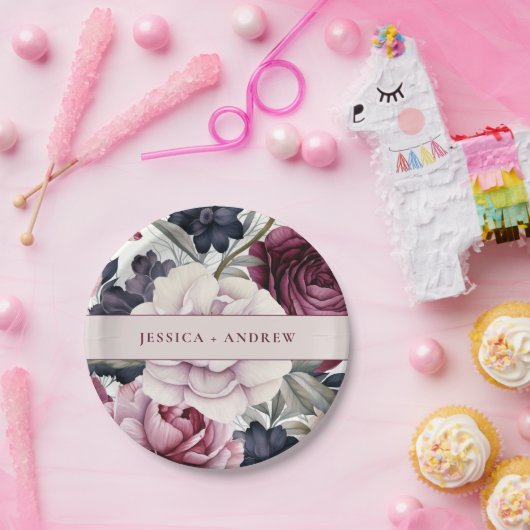 Burgundy Plum Lila Blumenwetter Hochzeit Pappteller (Party)