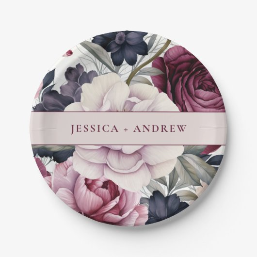 Burgundy Plum Lila Blumenwetter Hochzeit Pappteller (Vorderseite)