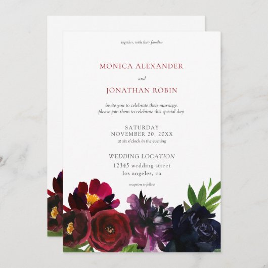 Burgundy Plum Navy Einladung (Vorne/Hinten)