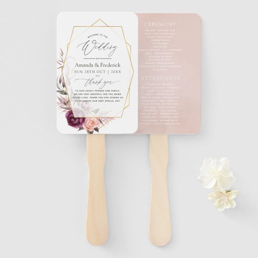 Burgundy Plum und Blush Floral Geometric Wedding Fächer (Vorne und Hinten)