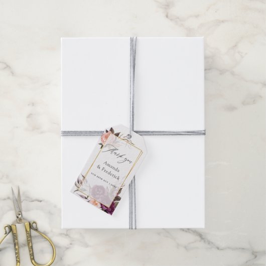 Burgundy Plum und Blush Floral Geometric Wedding Geschenkanhänger (Mit Garn)