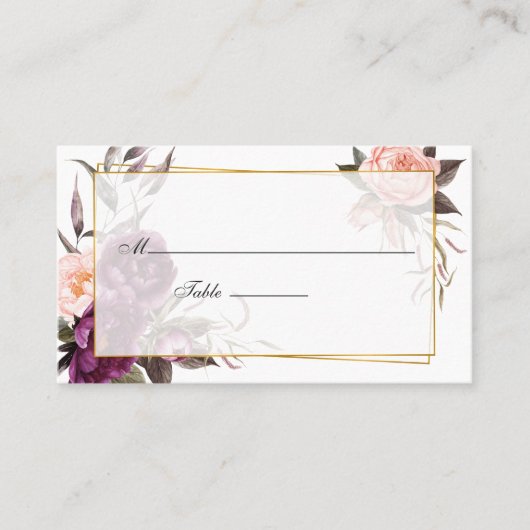 Burgundy Plum und Blush Floral Geometric Wedding Platzkarte (Vorderseite)